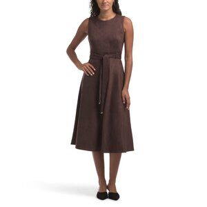 CALVIN KLEIN Brown Faux Suede Belted Midi Dress